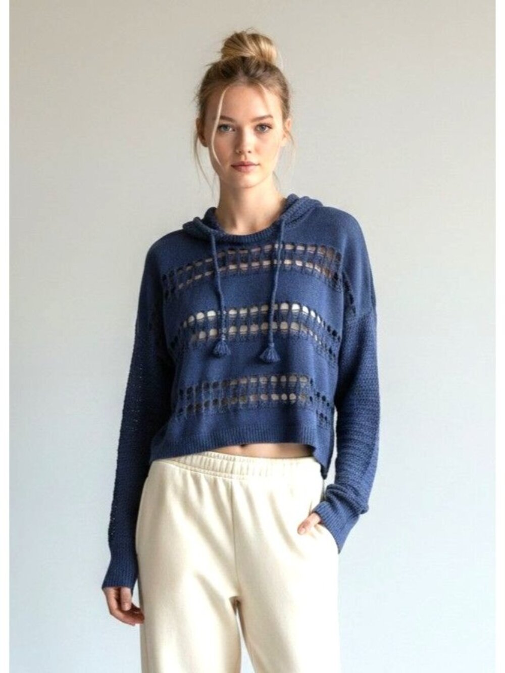 Victoria Secret Women’s Pointelle Knit Cropped Hooded Sweater, Blue, Sz. S